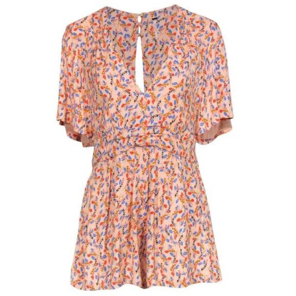 Free People Peach Floral Printed Virginia Romper with/ Open Back Size 6 - Picture 4 of 16